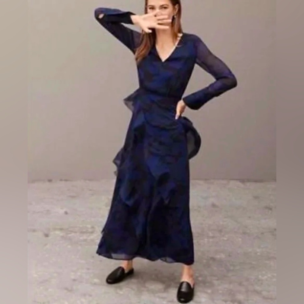 Banana Republic Elegant Navy Blue Camo Ruffle Maxi Dress